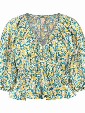 Floral Smocked Peplum Blouse - Yellow Multi
